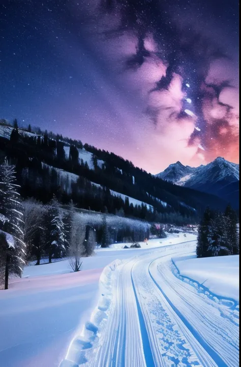 pink lights shine brightly in the sky above a snowy landscape, magical colours and atmosphere, magical colors and atmosphere, very magical and dreamy, extremely beautiful and ethereal, beautiful and aesthetic, surreal frozen landscape, magnificent backgrou...