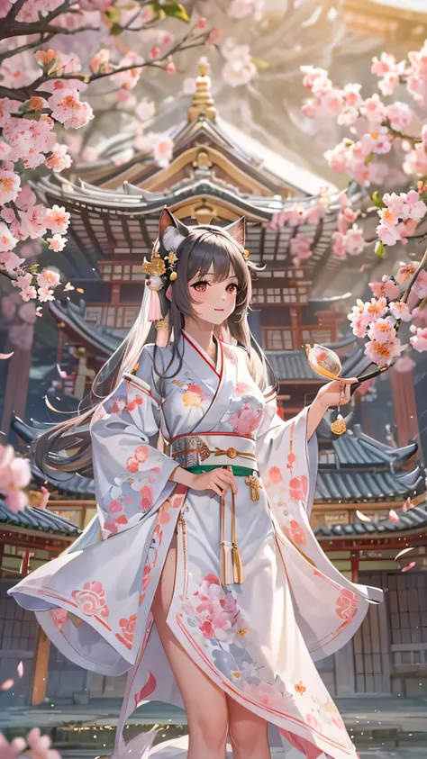 masterpiece,  best quality,  1 girl in the best, White clothes,  medium hair , stage, Peach Blossom, Temple,  fox girl,  detach sleeve,  animal ears ,  happy, Templeの境内,