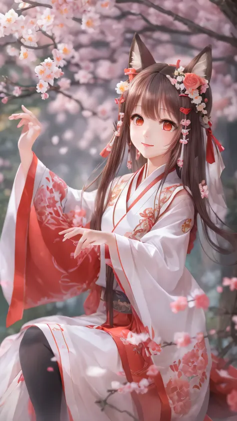 masterpiece,  best quality,  1 girl in the best,  White and Red Clothes ,  medium hair , stage,（ Peach Blossom） Temple,  fox girl,  detach sleeve,  animal ears ,  happy, Templeの境内,