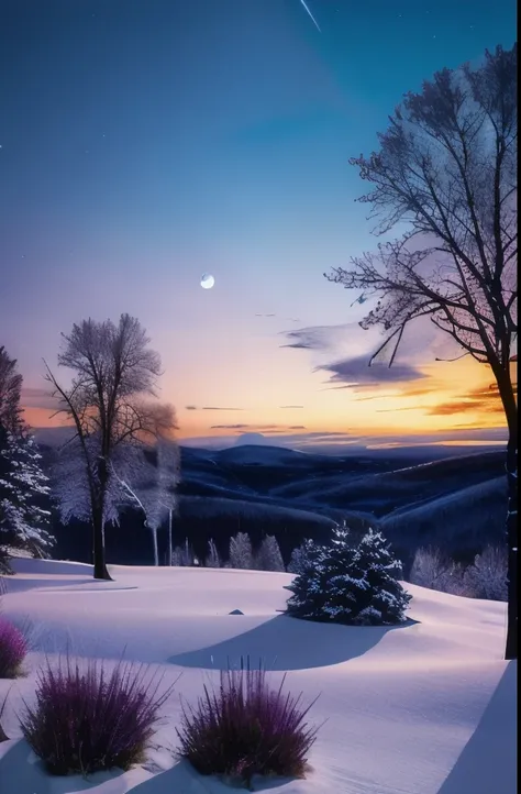 pink lights shine brightly in the sky above a snowy landscape, a matte painting by Alexander Kucharsky, tumblr, fantasy art, magical colors and atmosphere, magical colours and atmosphere, very magical and dreamy, extremely beautiful and ethereal, beautiful...