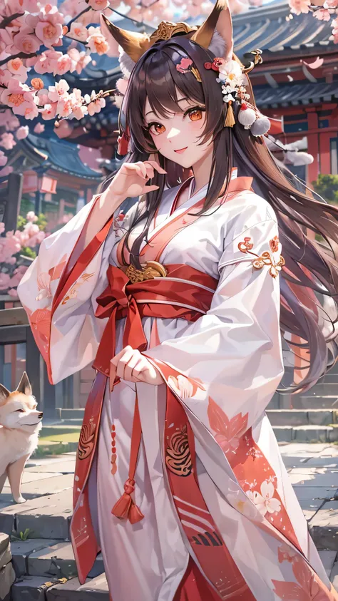 masterpiece,  best quality,  1 girl in the best,  White and Red Clothes ,  medium hair , stage,（ Peach Blossom） Temple,  fox girl,  detach sleeve,  animal ears ,  happy, Templeの境内,