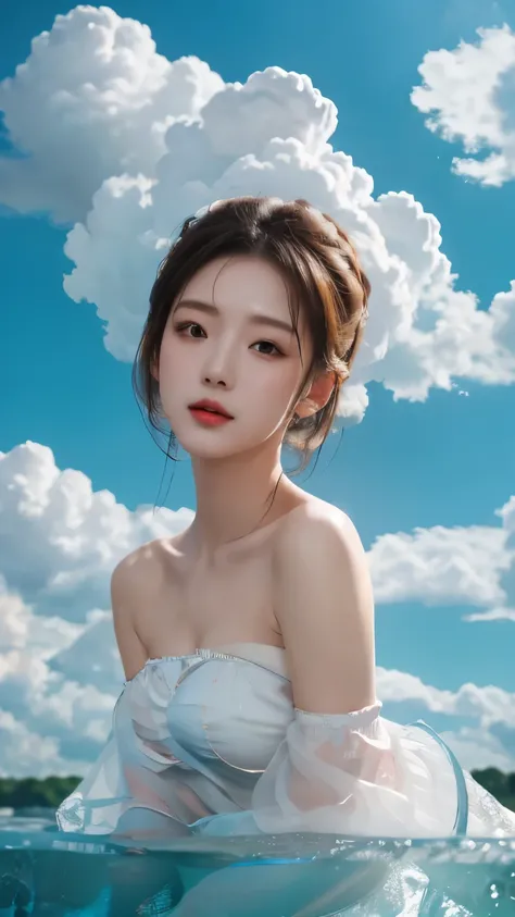 masterpiece, best quality, Stills, 1 girl, floating in the air, cloud girl, cloud, (close up:1.1), bright, Happy, pleasure, Soft Light, (Bauhaus, shape, metal wire, Abstract:1.1)，Off-shoulder，Strapless，Skinny sexy top