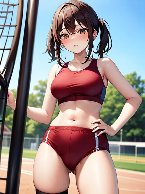  Top Masterpieces、High quality photo、8k、One Woman、 Athletics Uniforms、 red cheeks、 embarrassing expression、 sports bra、 sports bloomers、White high leg、 playground、 size is small