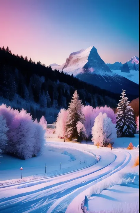 pink lights shine brightly in the sky above a snowy landscape, magical colours and atmosphere, magical colors and atmosphere, very magical and dreamy, extremely beautiful and ethereal, beautiful and aesthetic, surreal frozen landscape, magnificent backgrou...