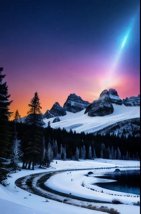 pink lights shine brightly in the sky above a snowy landscape, magical colours and atmosphere, magical colors and atmosphere, very magical and dreamy, extremely beautiful and ethereal, beautiful and aesthetic, surreal frozen landscape, magnificent backgrou...