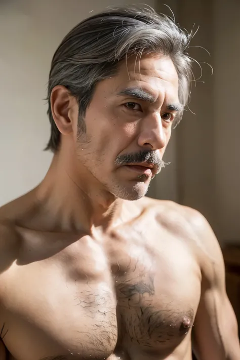 Old hot Latino grandpa with a thin tall slender endomorphic fit body. He has gray hair, and gray body hair. He also has tatoos.His skin is brown and shiny from sweat. His face has a rugged stubble and mustache. His lips are sexy. His cock is hung and bulgi...