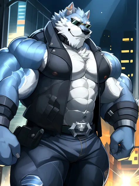 Freddy(Dislyte ),man-lobo,man,adult,Alone,4k, best quality, looking at the audience ,,walk, hairy body,bushy tail,Busty upper body, Chest muscles , marked abs ,bíceps, Anatomically Correct,delicate fur, pride ,soft shadow, majestic,  blue skin  , high qual...