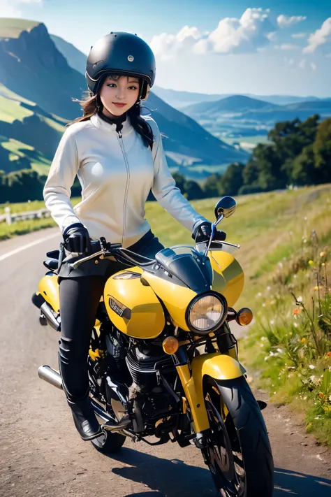 (A young female rider speeds along on a motorcycle)、Vintage Bikes、Bluff Superior SS100、Isle of Man Races、Leather jumper、Cromwell helmet with goggles、After the Rain、English countryside、(Highest quality, masterpiece, High resolution)、8k、wallpaper