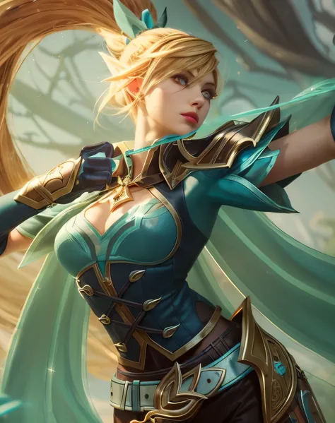 1woman, a young woman, She has long, light golden-blonde hair in a ponytail, and pointed elf ears, Her expression is focused and determined, her eyes are a vibrant purple, and her lips are a soft pink, She wears a teal and deep-blue, intricately detailed b...