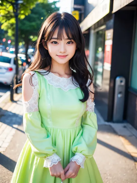 (Best quality, Masterpiece, Ultra High Resolution, (Photorealistic:1.4), Raw-Photo, depth of field, professional lighting), 1girl, 15-years-old, most famous Japanese idol, at street, dynamic pose, looking at viewer, ((innocent smile)), ((wearing most adora...