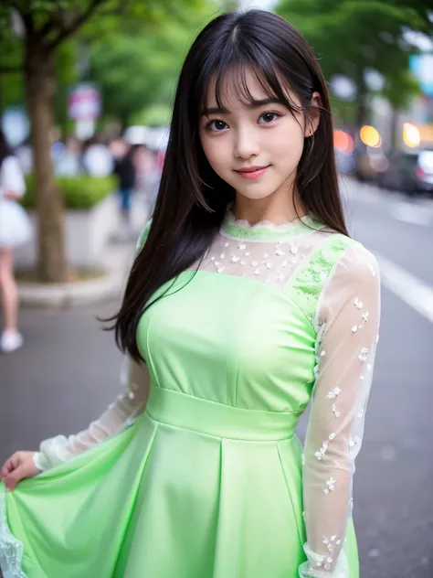 (Best quality, Masterpiece, Ultra High Resolution, (Photorealistic:1.4), Raw-Photo, depth of field, professional lighting), 1girl, 15-years-old, most famous Japanese idol, at street, dynamic pose, looking at viewer, ((innocent smile)), ((wearing most adora...