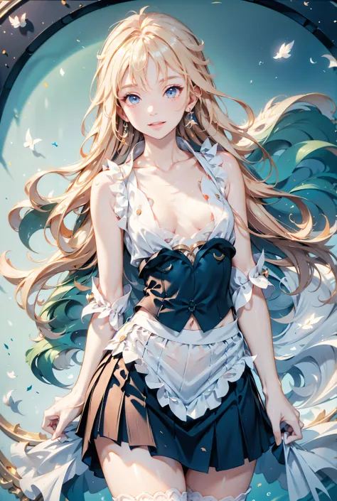 Masterpiece,  High Quality ,  high resolution, 16k,   Makoto Shinkai illustration  , Background details, Digital Paint, young woman, Flashy Blonde ,  long hair,  earrings,  gals,  dark sunburned skin,  long lashes,  pretty eyes ,  sexy face, Nice cleavage,...