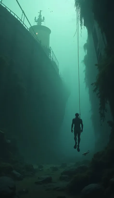 Diver exploring a sunken ship, murky water, mysterious atmosphere, realistic, cinematic style