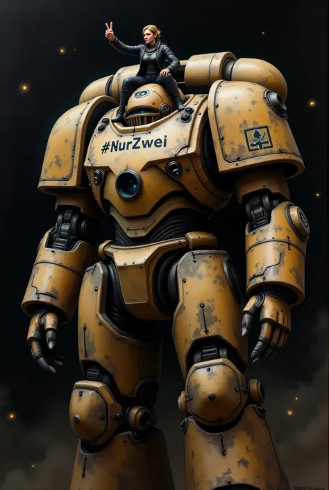 An oil painting of a towering Space Marine Dreadnought with a resolute female Commissar sitting on its shoulder. The female Commissar makes The peacegesture withbher hands. The Dreadnought has a weathered, metallic exterior, the lettering "#NurZwei" in the...