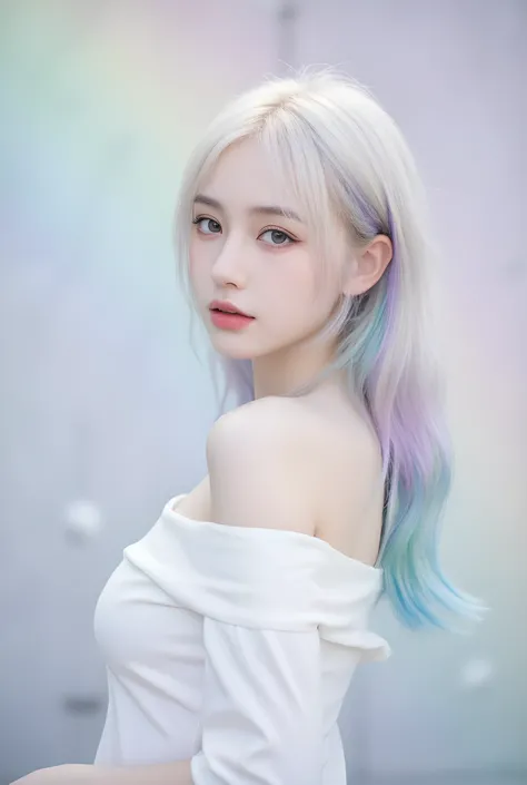 "Portrait of a young girl, around , standing with her body turned slightly away from the camera, showcasing the upper part of her back. Her posture is elegant yet natural, with her head turned over her shoulder to look directly into the camera. She has a n...