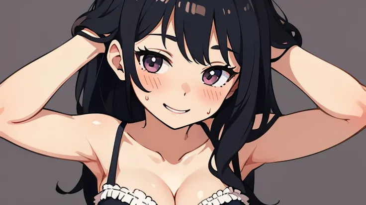 A cute solo girl with black hair wearing a camisole and very sweaty. Plain background. Highest quality. Focus cleavage. Bust-up illustration. Expression: very blush and smile.