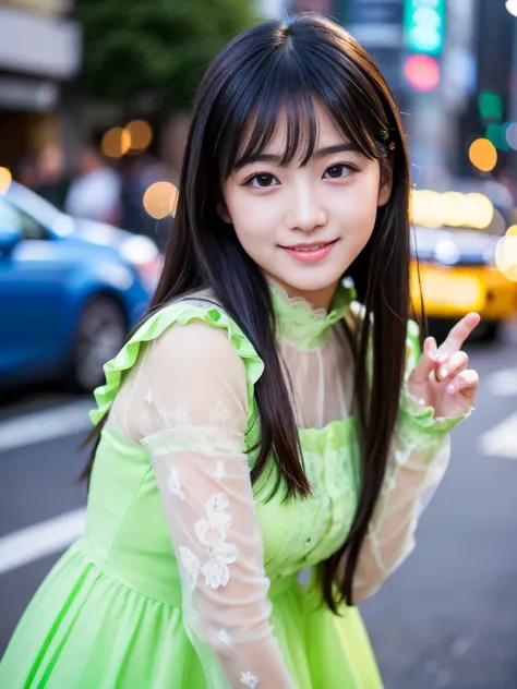 (Best quality, Masterpiece, Ultra High Resolution, (Photorealistic:1.4), Raw-Photo, depth of field, professional lighting), 1girl, 15-years-old, most famous Japanese idol, at street, ((Very pretty, idol-like pose)), looking at viewer, ((innocent smile)), (...