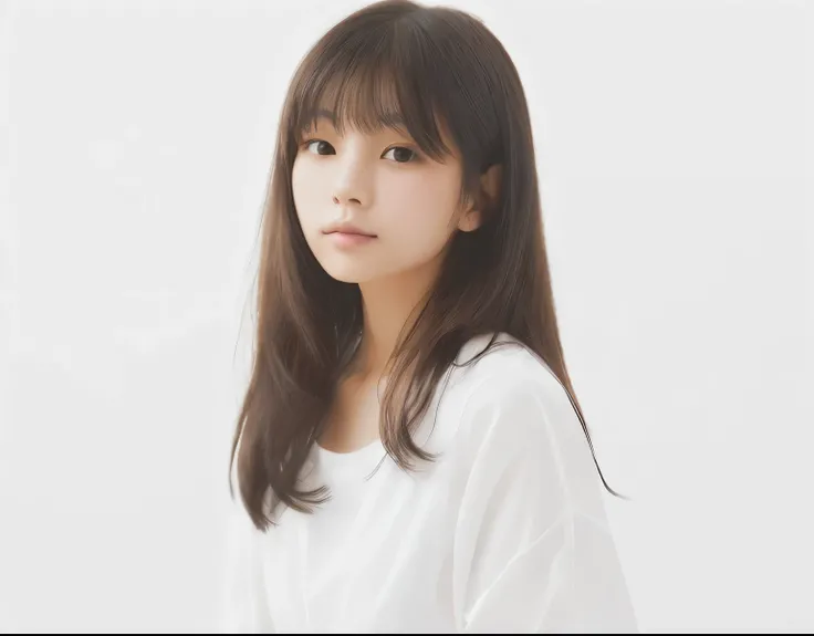 Photo of a beautiful Japanese woman in her early to mid-20s with medium-length hair and bangs, wearing a white shirt against a white background. Portrait.