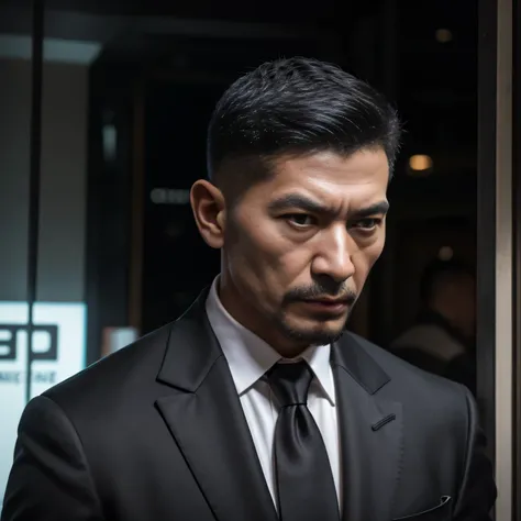 50 years old,1 person muscular 、 black suit 、black tie、In combat、outside、logic, , black hair、Short Hair。 very short hairstyle、Hairstyle for all back hair　Asian scary face　Yakuza　 members 　 sniper 、 raise your upper body　 black gloves　Combatant　 Face Up 　強面...