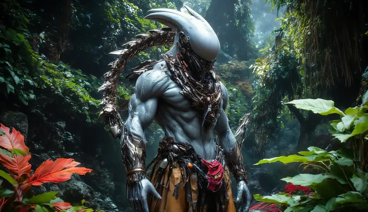 A a humanoid of an advantaged species that lives on an alien planet standing in a dense rainforest with vegetation that ranges in colors, the humanoid resembles a human morphed with a dolphin, with extremely pale translucent like skin, mouth is covered by ...