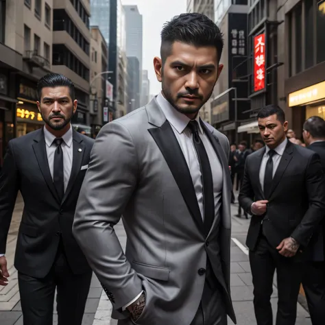 40 years old,1 person muscular 、 gray suit、black tie、In combat、outside、、logic, , black hair、Short Hair。 very short hairstyle、Hairstyle for all back hair　Jeremy Marinas 　Yakuza　 members 　 sniper 、 black gloves　　Combatant　 Face Up 　強面の Face Up 　