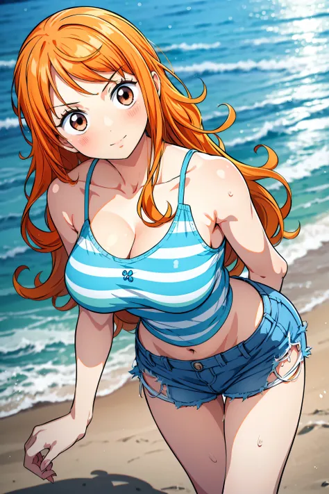 Nami，Blue Camisole，Mini denim skirt， to reveal white underwear，Orange hair ， long hair，Longer hair ，curls，At the seaside，striped tank top， perfect body ，Big breasts，Thin waist， Perfect Legs， masterpiece，High Definition，Standing，One hand on waist，Looking in...