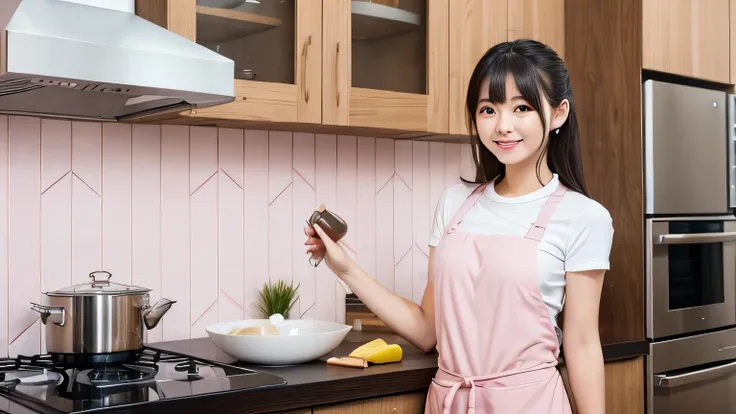  a little Asian girl 、 wear a pink triangle and apron、I'm standing in a modern kitchen 。She is short、 has small breasts。Smiling。 I have a work table and kitchen knife in front of me、I have a cutting board 。 kitchen background 、 white cabinet 、 stainless st...