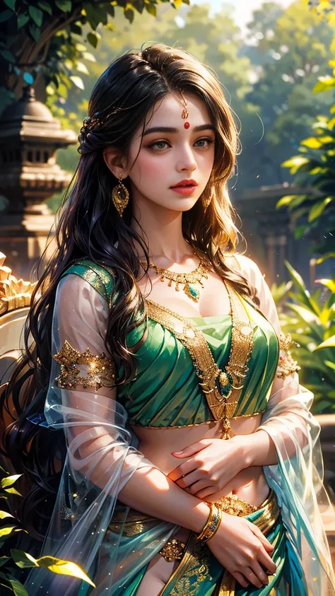 a beautiful young indian girl wearing a half saree, detailed facial features, busty, warm lighting, photorealistic, extremely detailed, 8k, highly detailed portrait, intricate clothing, glowing skin, detailed eyes, detailed lips, delicate jewelry, flowing ...