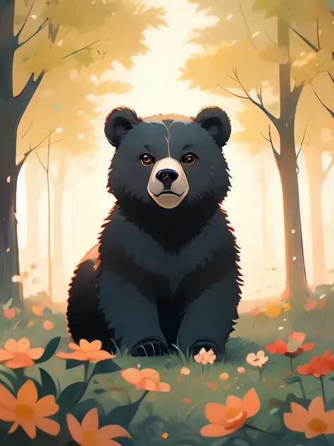 painting of a bear in a field of flowers in front of a forest, by Linda Sutton, in a meadow, by Ethel Schwabacher, by Joe Sorren, by Martin Benka, by LeConte Stewart, glenn barr, by Lennie Lee, by Sun Junze, by Kathleen Allen, by Alvan Fisher, by Dan Chris...