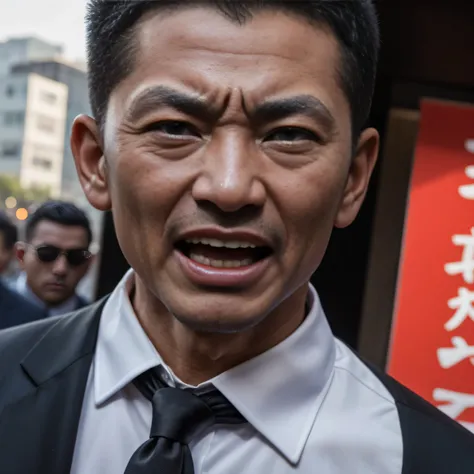 50 years old,1 person muscular 、 Face Up 、 black suit 、black tie、In combat、outside、logic, , black hair、Short Hair。 very short hairstyle、Five Minute Shearing Head 　Asian scary face　　　Yakuza　 members 　 sniper 、 raise your upper body　 black gloves　Combatant　 ...