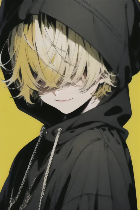  yellow hair  , smile ，  beautiful man , black hood ,hair over eyes,   black hood 付きジャケット, high quality,, pixiv illustration,最 high quality, medium hair.