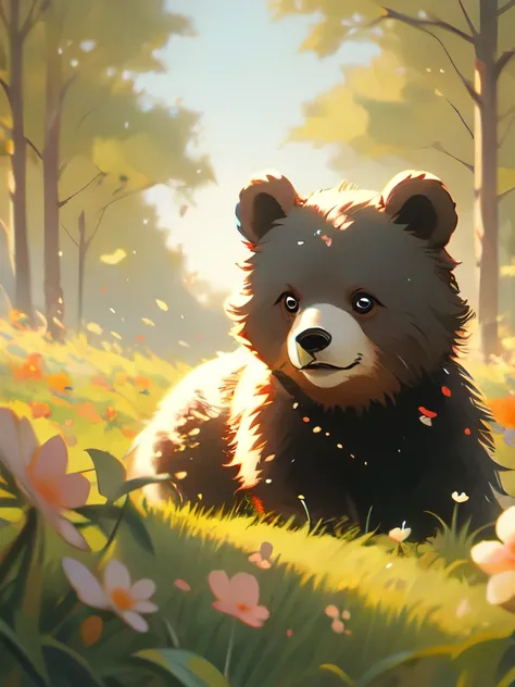 painting of a bear in a field of flowers in front of a forest, an oil painting by Linda Sutton, reddit, tonalism, in a meadow, glenn barr, bear, contemplating, looking to the right, by jim bush and ed repka, glen orbik, in a field of flowers, in the high g...