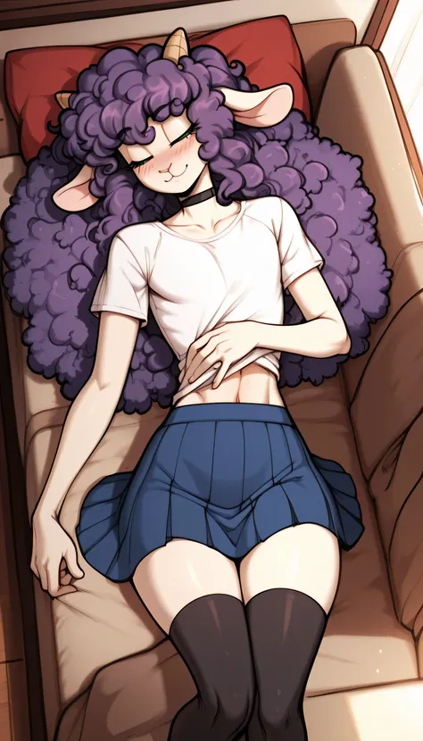 1 femboy, anthro, woolry, wool, fluffy wool,  Anthropomorphic ram ,  light skin  ,  purple hair ,  green eyes,  long hair,  disheveled hair  , (19 years old),  wide hips , One, bedroom , sleeps,  closed eyes,  is lying on the sofa,  detail,  smug smile , n...