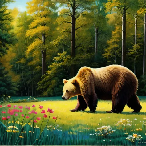 painting of a bear in a field of flowers in front of a forest, by Linda Sutton, in a meadow, by Ethel Schwabacher, by Joe Sorren, by Martin Benka, by LeConte Stewart, glenn barr, by Lennie Lee, by Sun Junze, by Kathleen Allen, by Alvan Fisher, by Dan Chris...