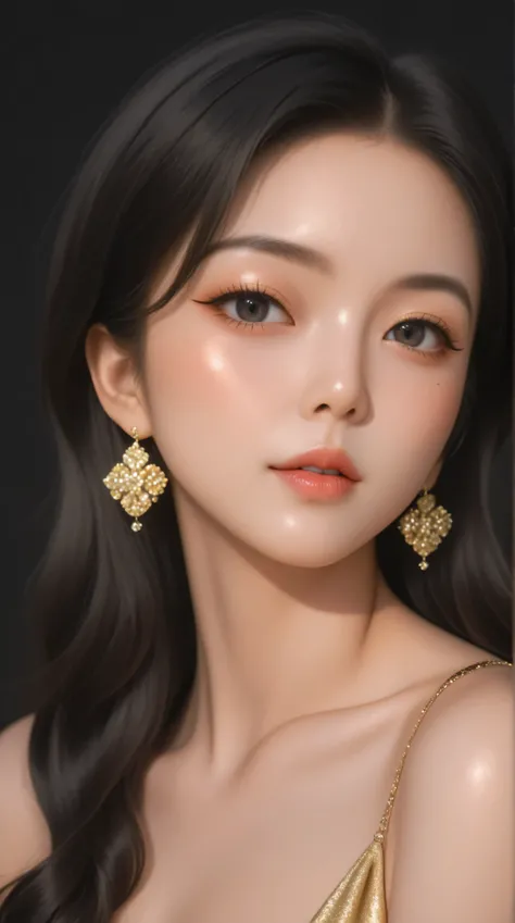 80’s glam rock makeup on shiny android face, anime, 2.5D, Glittery face, moody lighting, (yellow and black palette), iridescent face, abstract ai model, pretty, sexy, minimal, sleek, slender, asian, elegant, futuristic, retro, sophisticated half human half...