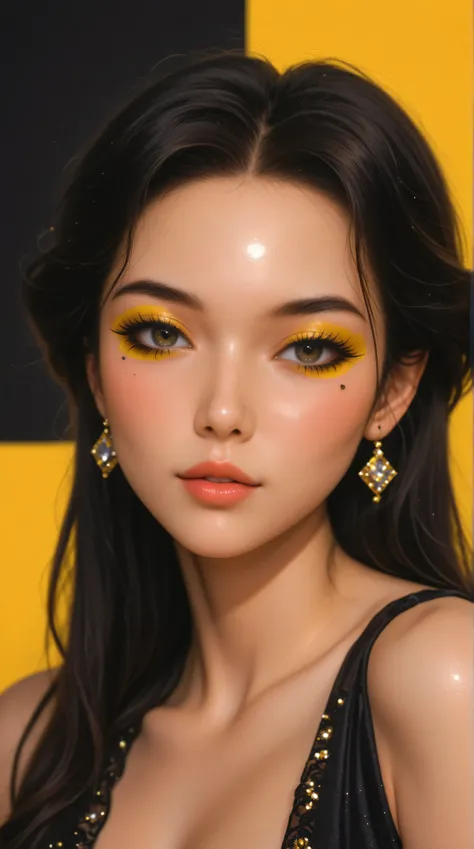 80’s glam rock makeup on shiny android face, anime, 2.5D, Glittery face, moody lighting, (yellow and black palette), iridescent face, abstract ai model, pretty, sexy, minimal, sleek, slender, asian, elegant, futuristic, retro, sophisticated half human half...