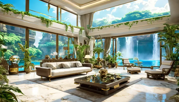 A Masterpiece In 32K Resolution, incredible luxurious futuristic living room interior in Ancient Egyptian style with many, ((lush plants, gorgeous flowers)),The high end rooms have large glass windows that reach up to the ceiling and the view outside is as...