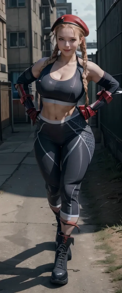 Cammy White, an elite fighter from England, a member of Delta Red, Her appearance is iconic with an open cropped blue jacket costume, sports bra underwear, tight black army pants, red beret hat, blonde hair, long gloves, and neatly tied twin braids, Backgr...