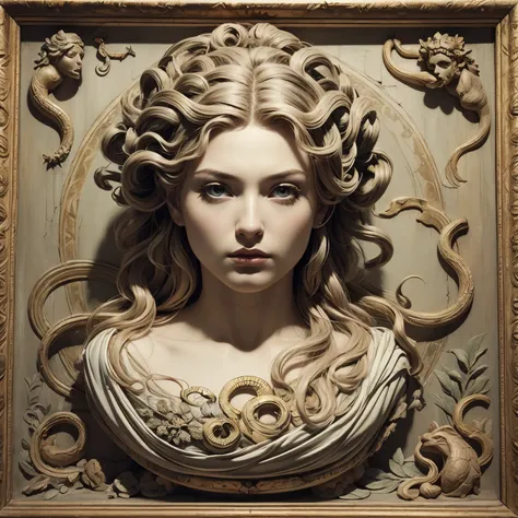 Medusa, The Queen of Beautiful Tragedies,  snake hair、 Greek Mythology、Relief、(masterpiece,  best quality:1.2), 