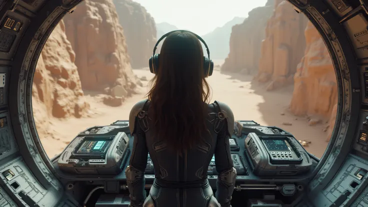 Ultrarealistic, photorealistic scene with global lighting . A young woman of European appearance , headphones in a sophisticated futuristic costume in the style of cyberpunk and retrofuturism, with their backs to the viewer. Dark gray suit with metal...