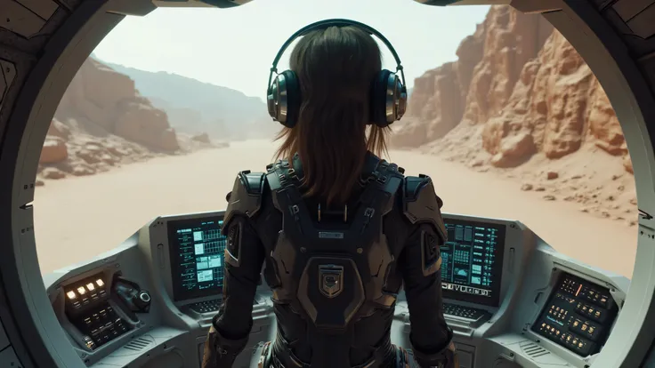 Ultrarealistic, photorealistic scene with global lighting . A young woman of European appearance , headphones in a sophisticated futuristic costume in the style of cyberpunk and retrofuturism, with their backs to the viewer. Dark gray suit with metal...