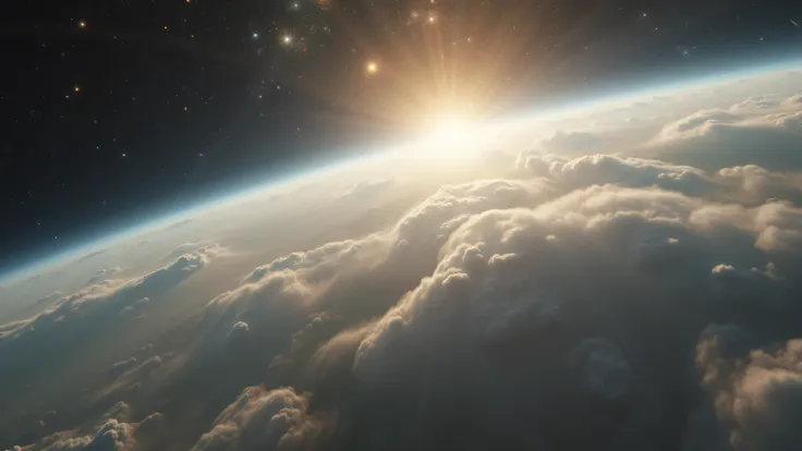  Ultrarealistic,  photorealistic scene with global lighting . planet close-up, against the background of constellations and galaxies, shrouded in a thick atmosphere and white clouds. The sun penetrates the clouds with its rays creating a play of light and ...