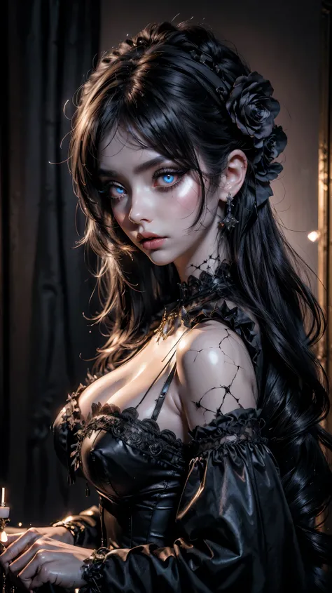 from above, Pointed angle , Forced perspective, VERY CLOSE, portrait of the face, raw, porcelain gothic doll , melancholic expression , with blue-black hair , extra long asymmetric hair , Gothic bob hairstyle , huge crystalline eyes , shiny purple ...