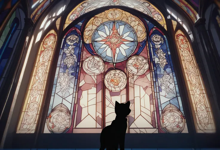 araffe silhouette of a cat in front of a  Stained Glass window, on a  Stained Glass window, maxim verehin  Stained Glass, backlit  Stained Glass,  Cat Silhouettes ,  Stained Glass art,  Stained Glass,  Stained Glass,  Cat Dark Gods , “Dirty” ,  Stained Gla...