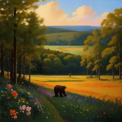 painting of a bear in a field of flowers in front of a forest, an oil painting by Linda Sutton, reddit, tonalism, in a meadow, glenn barr, bear, contemplating, looking to the right, by jim bush and ed repka, glen orbik, in a field of flowers, in the high g...