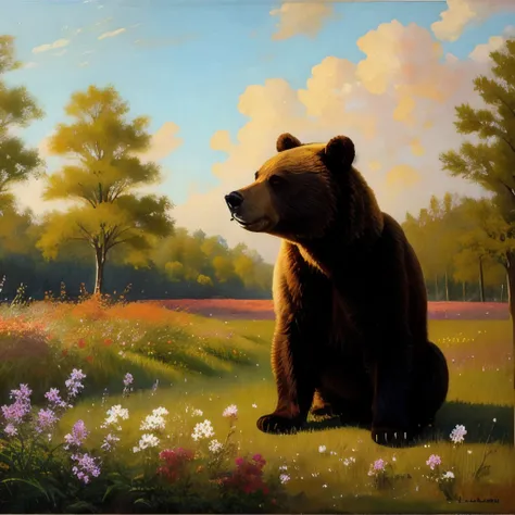 painting of a bear in a field of flowers in front of a forest, an oil painting by Linda Sutton, reddit, tonalism, in a meadow, glenn barr, bear, contemplating, looking to the right, by jim bush and ed repka, glen orbik, in a field of flowers, in the high g...