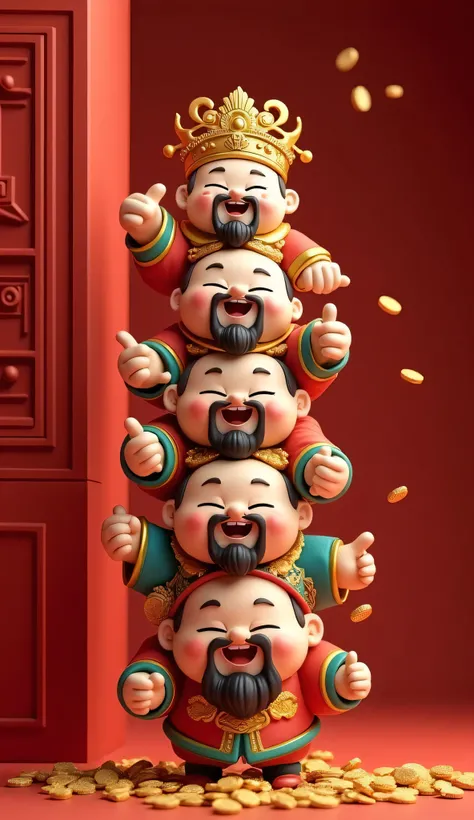 Five different images of the God of Wealth, stacked from top to bottom, with half of the body exposed behind the door, traditional Chinese image, God of Wealth hat, dropped gold coins, gold ingots, 3D models, realistic details, cute, festive atmosphere