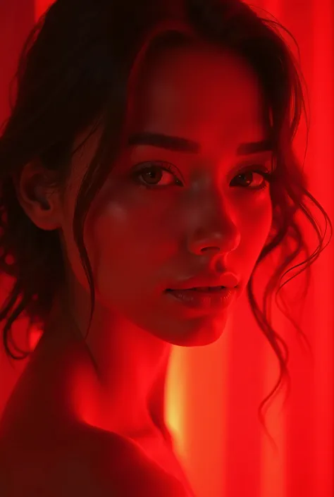 "A stunning portrait of a young French woman engulfed by vibrant shades of red, featuring intricate facial details and a captivating, modern aesthetic. Her expression is serene yet enigmatic, framed by cinematic lighting that enhances her soft features. Th...