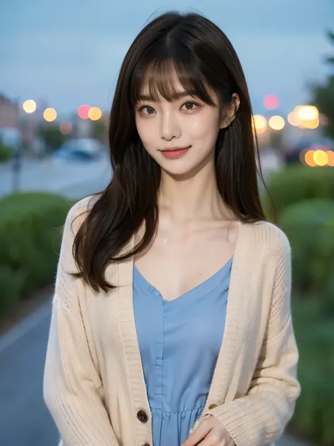 1 girl in the best, high resolution, look, wearing a dress and a cardigan, illumination,night view long hair, bangs between eyes, small breasts, smiles, shooting test model ,