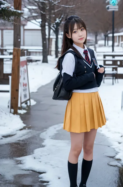 A girl (Twenty years old, Japanese face) is wearing high school uniforms with mini skirt at snowy town.